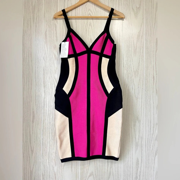 Whoinshop Women's Nude Pink Black Strappy Illusion Cut Bandage Dress Size L NWT - Picture 1 of 5